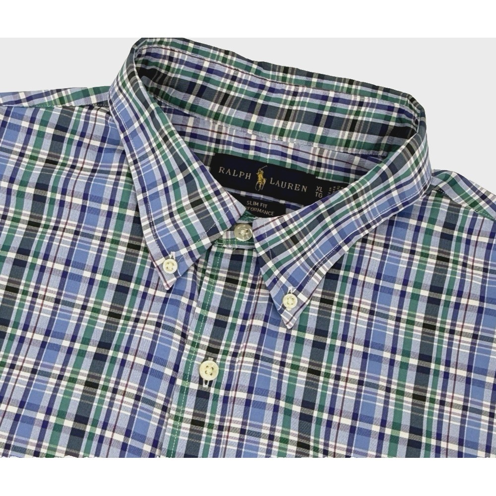 Polo Ralph Lauren Shirt Men XL Slim Fit‎ Blue Performance Plaid Button Up